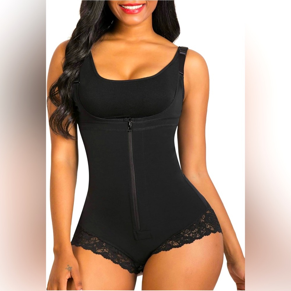 Black Shapewear Bodysuit with Compression and Lace